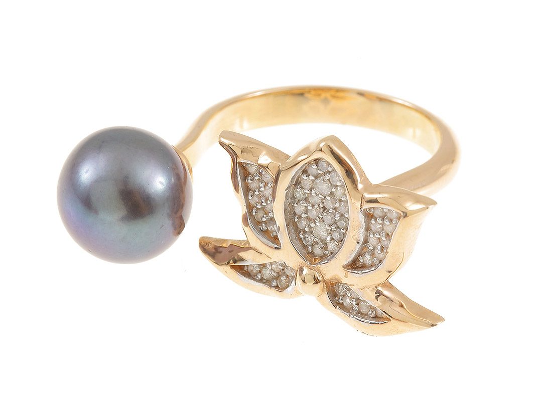 Black Pearl and Diamond Lotus Ring